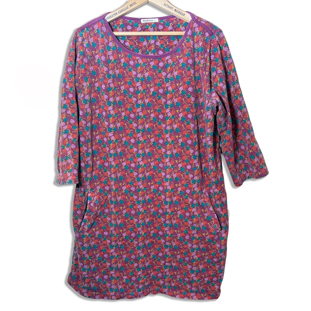 Woolovers Floral Jersey Tunic Dress 3/4 Sleeve Cotton Stretch Womens L Peasant